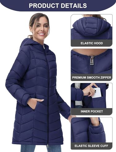 SLOW DOWN Women Lightweight Down Puffer Coat, Women Hooded Mid-Length Packable Winter Jacket with 2 Packing Bag in Saudi Arabia