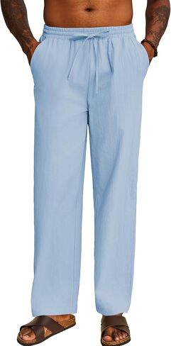 COOFANDY Men's Casual Cotton Pants Elastic Waist Drawstring Linen Beach Summer Pants Lightweight Yoga Trousers in Saudi Arabia