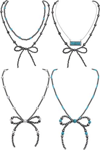 Cooluckday 4Pcs 𝗡𝗮𝘃𝗮𝗷𝗼 𝗣𝗲𝗮𝗿𝗹 𝗡𝗲𝗰𝗸𝗹𝗮𝗰𝗲 for Women Cowboy Cowgirl Navajo Pearls Bow Necklace Western Jewelry Boho Beaded Necklaces in Saudi Arabia