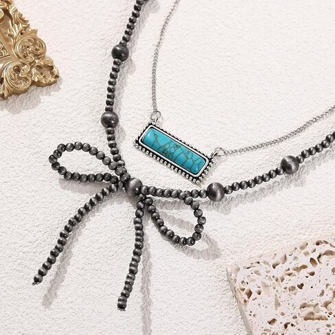 Cooluckday 4Pcs 𝗡𝗮𝘃𝗮𝗷𝗼 𝗣𝗲𝗮𝗿𝗹 𝗡𝗲𝗰𝗸𝗹𝗮𝗰𝗲 for Women Cowboy Cowgirl Navajo Pearls Bow Necklace Western Jewelry Boho Beaded Necklaces in Saudi Arabia