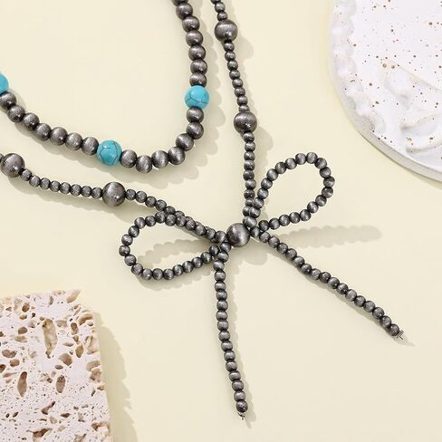 Cooluckday 4Pcs 𝗡𝗮𝘃𝗮𝗷𝗼 𝗣𝗲𝗮𝗿𝗹 𝗡𝗲𝗰𝗸𝗹𝗮𝗰𝗲 for Women Cowboy Cowgirl Navajo Pearls Bow Necklace Western Jewelry Boho Beaded Necklaces in Saudi Arabia