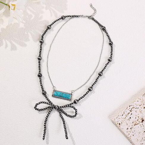 Cooluckday 4Pcs 𝗡𝗮𝘃𝗮𝗷𝗼 𝗣𝗲𝗮𝗿𝗹 𝗡𝗲𝗰𝗸𝗹𝗮𝗰𝗲 for Women Cowboy Cowgirl Navajo Pearls Bow Necklace Western Jewelry Boho Beaded Necklaces in Saudi Arabia