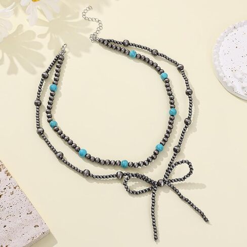 Cooluckday 4Pcs 𝗡𝗮𝘃𝗮𝗷𝗼 𝗣𝗲𝗮𝗿𝗹 𝗡𝗲𝗰𝗸𝗹𝗮𝗰𝗲 for Women Cowboy Cowgirl Navajo Pearls Bow Necklace Western Jewelry Boho Beaded Necklaces in Saudi Arabia