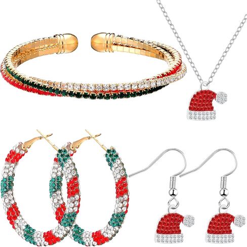 XunYee 4 قطع مجموعة مجوهرات عيد الميلاد للنساء عطلة أقراط عيد الميلاد سوار عيد الميلاد قلادة الهدايا in Kuwait