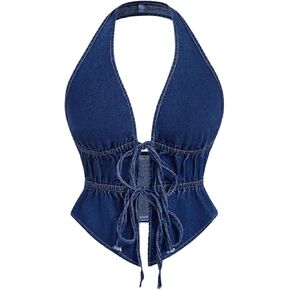 OYOANGLE Women's Vintage Tie Front Cut Out Denim Halter Tops Open Back Crop Jean Vest Streetwear