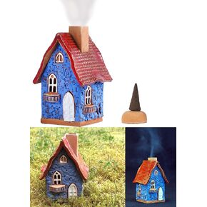 Miniature House Ceramic House Cone Incense Holder Burner Handcrafted Collectible Miniature Blue House Handmade Hand Painted