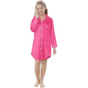 Schbbbta Girls Long Sleeve Satin Nightshirt Dress Button Down Nightgown Silky Sleepwear