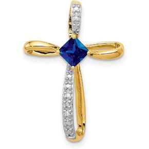 Solid 14k Yellow Gold Two Toned Lab Created Sapp and Diamond Cross Pendant Charm (.01 cttw.)