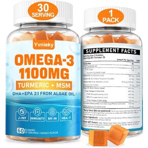 Vegan Omega 3 Supplement Gummies 1100m for Adults- Omega 3 DHA 680mg & EPA 340mg with Turmeric, MSM, Vitamin C, E, D3, Zinc - Algae Omega 3 Fish Oil Alternative - for J0int,Immunity, Eye, Skin