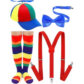 Jiuguva 4 Pcs Propeller Hat Rainbow Clown Hat Y Back Style Suspenders Bow Tie Striped Socks Set for Adult