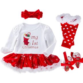 Baby Girls Elf Costume Infant Christmas Green Romper Dress Tutu Tulle Dresses with Headband Leg Warmers 3PCS Set 0-24 Months
