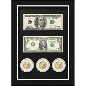 Challenge Coin Display,Military Coin Holder Display,Challenge Coin Holder,Coin Display Case,Dollar Bill Frame,Real Glass,with 3ransparent Coin Capsule Boxes for Placing US Dollars and Coins.Black