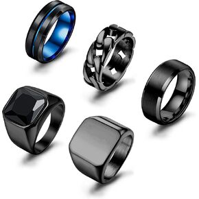 Sanfenly Mens Rings Stainless Steel Rings for Men Wedding Band Rings Black Onyx Rings Chunk Signet Rings Cool Chain Rings Punk Biker Rings Fashion Jewelry Rings Set Male Rings Size 7-15