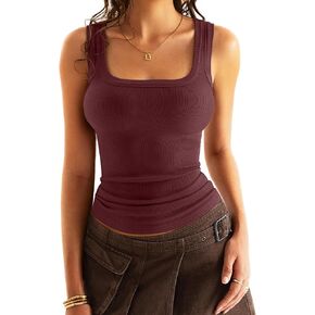 Women Ribbed Square Neck Tank Tops Backless Sleeveless Tops Basic Shirts Summer Tops