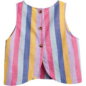 WDIRARA Women's Colorful Striped Sleeveless Crop Tank Top Back Button Down Blouse Crew Neck Shirt