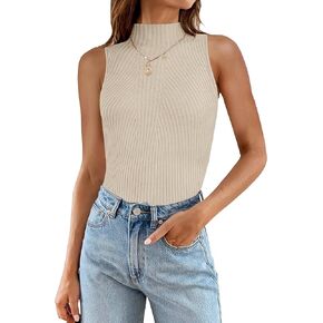 ZESICA Women's Summer Ribbed High Neck Tank Tops Slim Fit Fashion Casual Basic Knit Sleeveless Shirts
