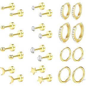 Gold Surgical Steel Flat Back Earring Sets for Multiple Piercing for Women, 925 Sterling Silver Small Huggie Hoop Earrings Hypoallergenic Tiny Titanium Cartilage Earring CZ Ball Studs