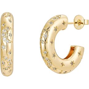 Chunky Hoops - Gold Chunky Hoop Earrings - 18K Gold Plated Chunky Gold Hoop Earrings with Celestial Moon and Star Details - Chunky Hoop Earrings by Malibu