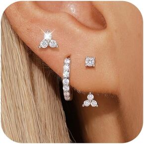 Angelady Sterling Silver Earrings Set for Women, 3 Pairs Stud Hoop Earrings Stacks for Women, Cartilage Huggies Earrings Set for Multiple Piercings