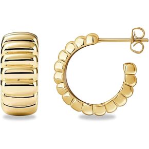 UneDouce 14K Gold Plated Chunky Lightweight Hoop Huggie Earrings for Women | Chic Boho Ribbed Croissant Textured Statement Jewelry Earring I Trendy Earings Stacks Set