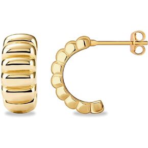 UneDouce 14K Gold Plated Chunky Lightweight Hoop Huggie Earrings for Women | Chic Boho Ribbed Croissant Textured Statement Jewelry Earring I Trendy Earings Stacks Set