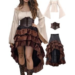 Verceco Pirate Costume Women with Renaissance Pirate Shirt Skirt Corset Waist Belt