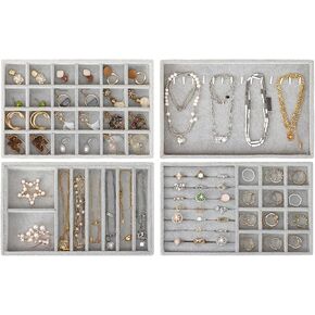 Fixwal Set of 4 Jewelry Tray, 9in Stackable Jewelry Organizer Drawer, Jewelry Storage for Earring, Necklace, Bracelet, Rings with Removable Divider, Grey