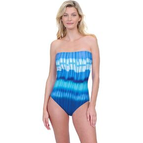 Gottex Golden Hour Ombre Mock Pleat Print Women’s Bandeau One Piece Bathing Suit with Tummy Control and Removable Straps