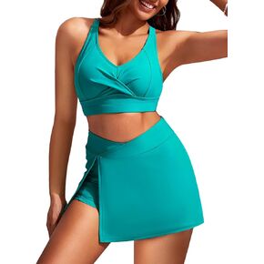 Kate Kasin Women's High Waisted Bikini Sets Sporty Twist Front Swimsuit Skirted Tummy Control Bathing Suit with Pockets