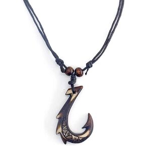 Pingyongchang H&Z Hawaiian Fish Hook Pendant Hemp Cord Adjustable Chain - Maori Tribal Necklace