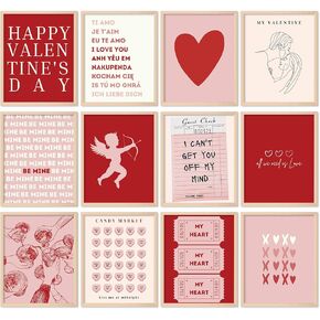 Whaline 12Pcs Valentine's Day Wall Art Prints Retro Romantic Love Heart Cupid Art Poster Red Pink Wall Decor For Wedding Home Living Room Bedroom, UNFRAMED, 8 x 10 Inch