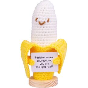 Handmade Emotional Support Pickle Banana Gift, Cute Knitted Banana Doll with Front Card and Wooden Base.Birthday Gift Car Decoration Room Office Decoration(A22)