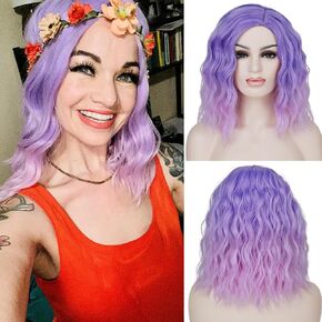 Purple Pink Wigs for Women Side Part Colorful Bob Wigs Short Curly Ombre Wigs for Halloween Cosplay Party