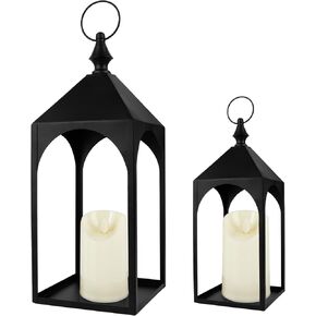 Black Metal Candle Lanterns, 2Pcs Lanterns Decorative Indoor with Flameless Candles Lantern Decor Farmhouse Decoration for Home Wedding Holiday Mantelpiece Entryway Table Livingroom (No Glass)