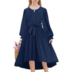 Girls Dress Fall Long Sleeves Irregular Dress Kids Semi-Formal Party Dresses with Belt Size 7-14 Years