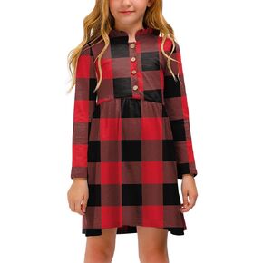 Christmas Girls Plaid Long Sleeve Button Down Midi Dress Xmas Ruffle Elastic Waist Outfit 4-12 Years