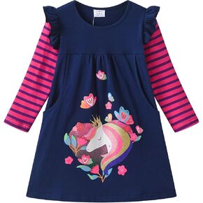 DXTON Toddler Girls Long Sleeve Dress Stripe Rainbow Ruffle Cotton Casual Tunic Shirt Fall Winter School Dress