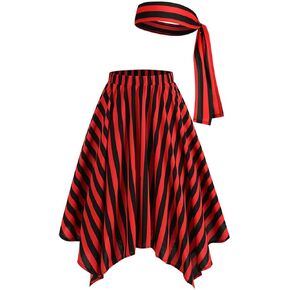 Womens Pirate Skirt Headscarf Accessories Halloween Cosplay Costume Renaissance Stripes Dress Bandana
