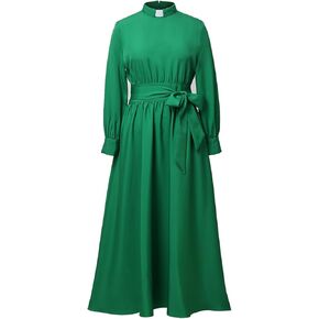Church Clergy Dress for Women Long Sleeve A Line Elegant Maxi Dress with Tab Insert Stand Collar and Belt
