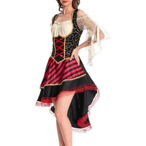 Womens Pirate Costume Dress with Headband, Adult Women Pirate Costume Halloween Medieval Renaissance Outfit Skirt