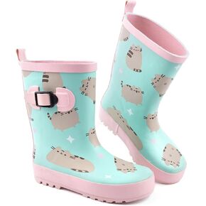 Pusheen Girls Wellies | Kids Multicoloured Rain Wellington Boots | Cat Water Resistant Rubber Walking Shoes with Strap Buckle
