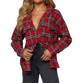 LEEDYA Womens Flannel Buffalo Plaid Shirts Long Sleeve Oversized Button Down Shacket Casual Jacket Coat with Pockets
