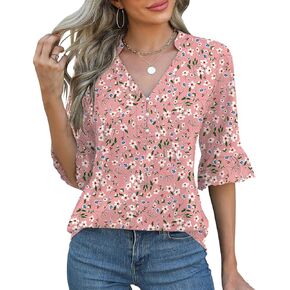 Rapbin Womens 3/4 Length Sleeve Blouses Ruffle Cuffs V Neck Button Down Shirts Dressy Flowy Tunic Tops