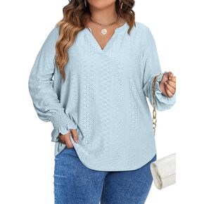 Eytino Women's Plus Size Tops Puff Long Sleeve Split V Neck Loose Casual Dressy Blouse Shirts(1X-5X)