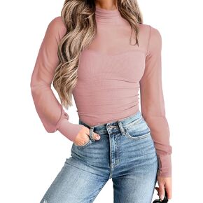 miduo Womens Mock Neck Mesh Sheer Light Up Layering Top Long Sleeve Panel Knit Ribbed Blouses Tops