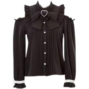 Pokn Lolita Fashion Jirai Kei Fashion for Women Cutecore Shoulder Shirt Women Lolita Lace Mesh Sheer Long Sleeve Blouse