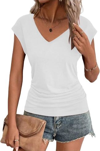 Zeagoo Womens Tank Tops Cute Summer Tops V Neck Cap Sleeeve Tshirts Loose Fit Casual Basic Shirts Ruched Top Tees in Saudi Arabia