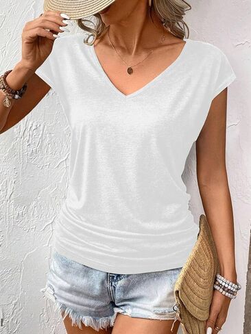 Zeagoo Womens Tank Tops Cute Summer Tops V Neck Cap Sleeeve Tshirts Loose Fit Casual Basic Shirts Ruched Top Tees in Saudi Arabia