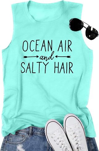 Beach Tanks for Women Ocean Air and Salty Hair Tank Top Funny Cruise Summer Sleeveless Family Vacation Vest Shirts in Saudi Arabia