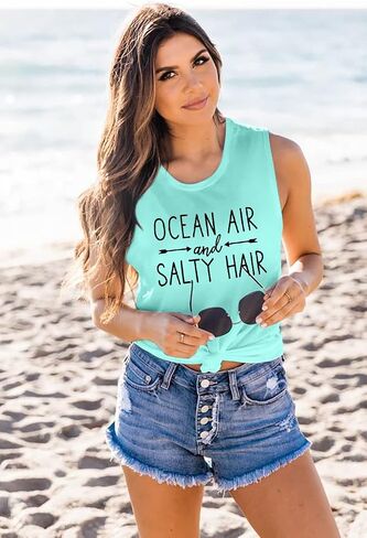 Beach Tanks for Women Ocean Air and Salty Hair Tank Top Funny Cruise Summer Sleeveless Family Vacation Vest Shirts in Saudi Arabia